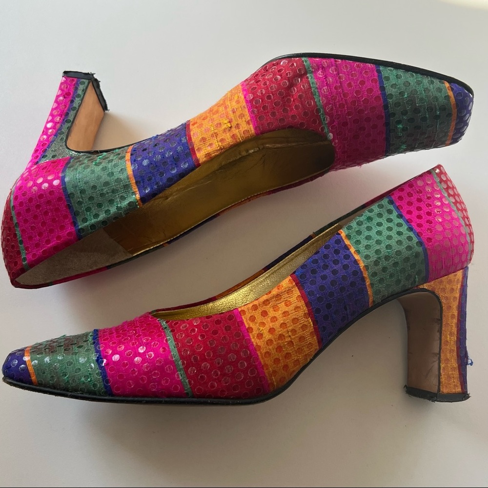 Timothy Hitsman Vintage Cantar multi color stripe silk pumps heels 7